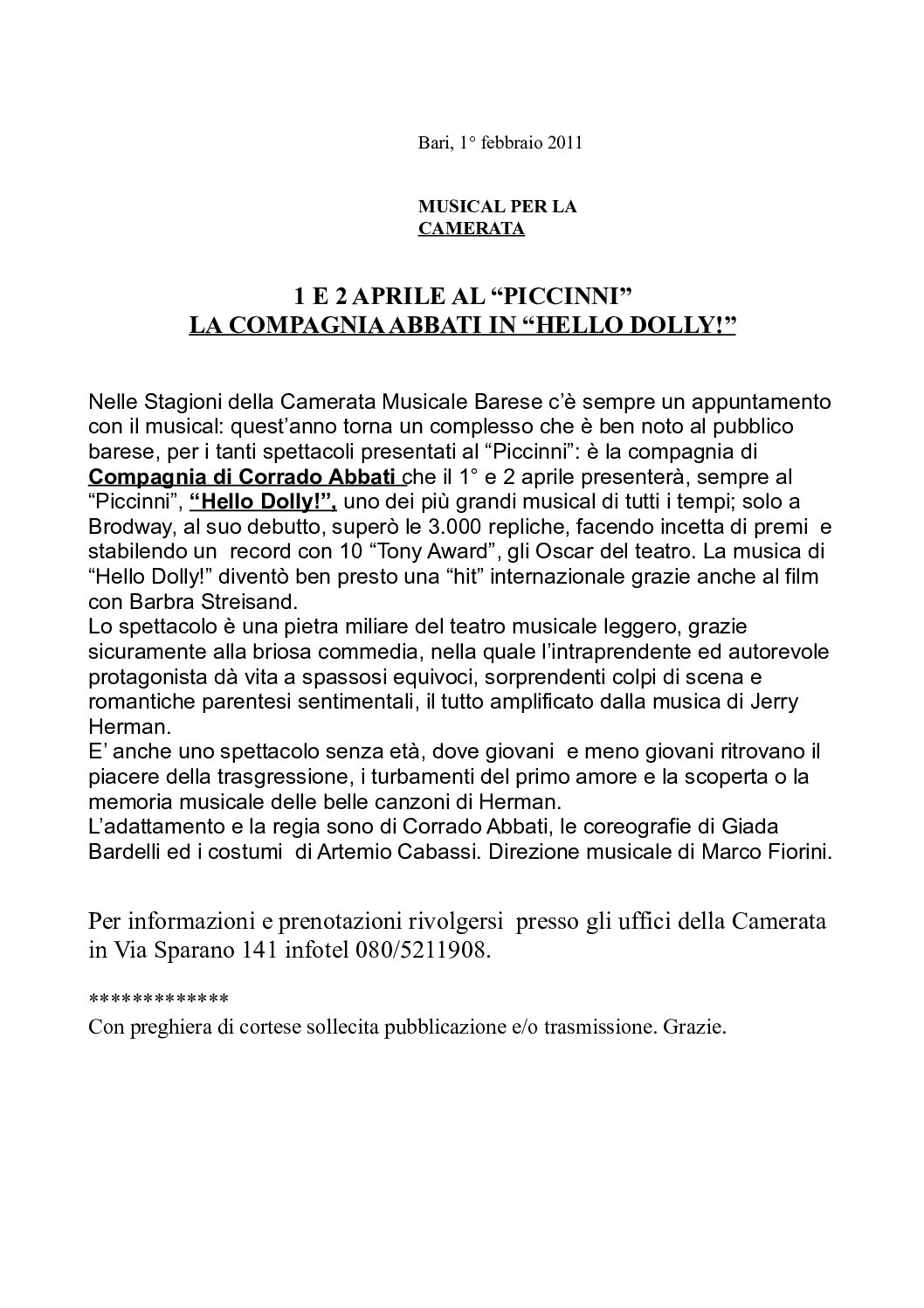1 E 2 APRILE AL “PICCINNI” LA COMPAGNIA ABBATI IN “HELLO DOLLY!”