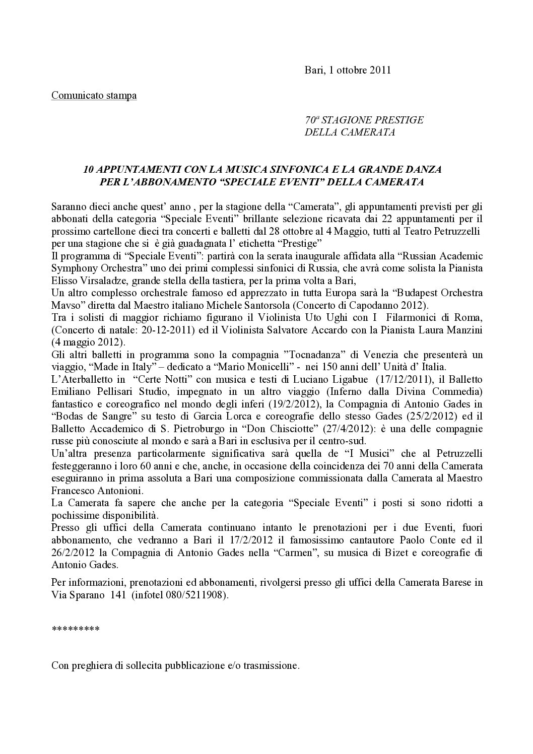 10 APPUNTAMENTI CON LA MUSICA SINFONICA E LA GRANDE DANZA PER L’ABBONAMENTO “SPECIALE EVENTI” DELLA CAMERATA