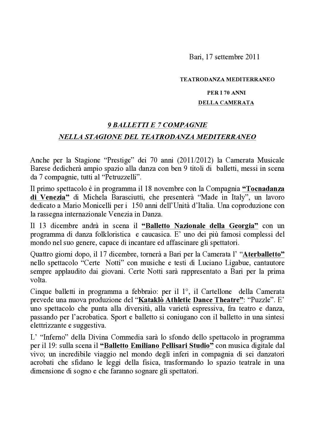 9 BALLETTI E 7 COMPAGNIE NELLA STAGIONE DEL TEATRODANZA MEDITERRANEO