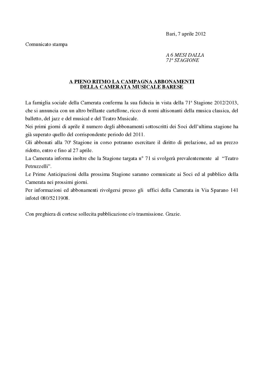 A PIENO RITMO LA CAMPAGNA ABBONAMENTI DELLA CAMERATA MUSICALE BARESE