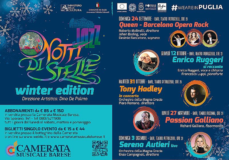 Abbonamenti “Notti di Stelle Winter” da € 85 a € 150 in vendita presso la Camerata Musicale Barese in Via Sparano, 141 tel. 080/5211908 tutti i giorni dal lunedì al sabato, mattina e pomeriggio.
