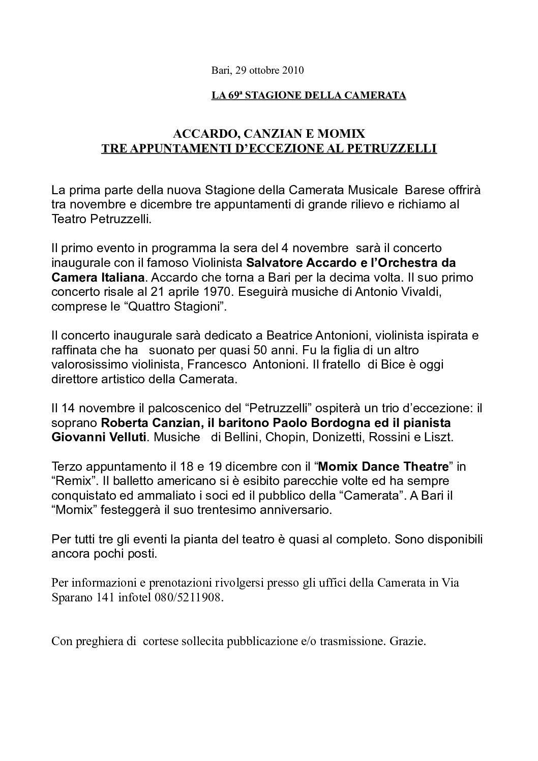 ACCARDO, CANZIAN E MOMIX TRE APPUNTAMENTI D’ECCEZIONE AL PETRUZZELLI