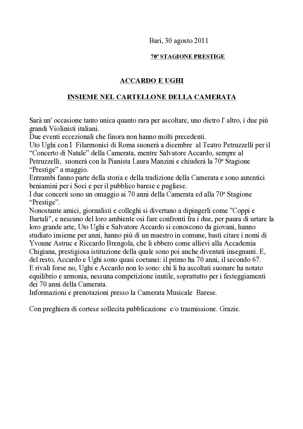ACCARDO E UGHI INSIEME NEL CARTELLONE DELLA CAMERATA