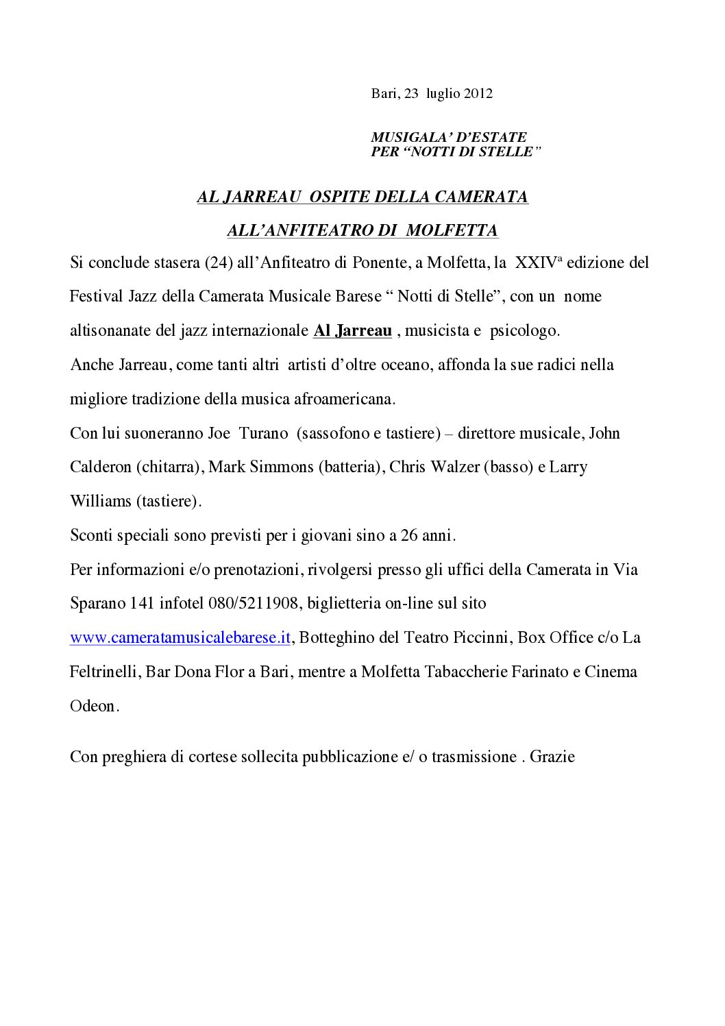 AL JARREAU OSPITE DELLA CAMERATA ALL’ANFITEATRO DI MOLFETTA