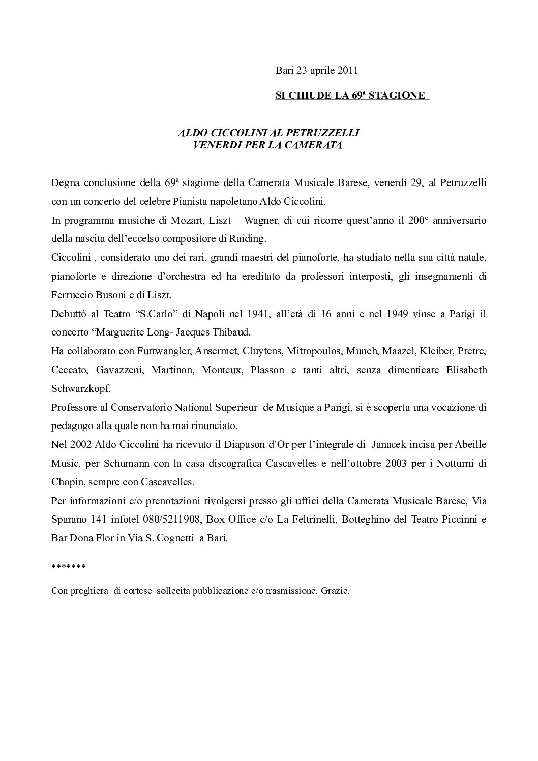ALDO CICCOLINI AL PETRUZZELLI VENERDI PER LA CAMERATA