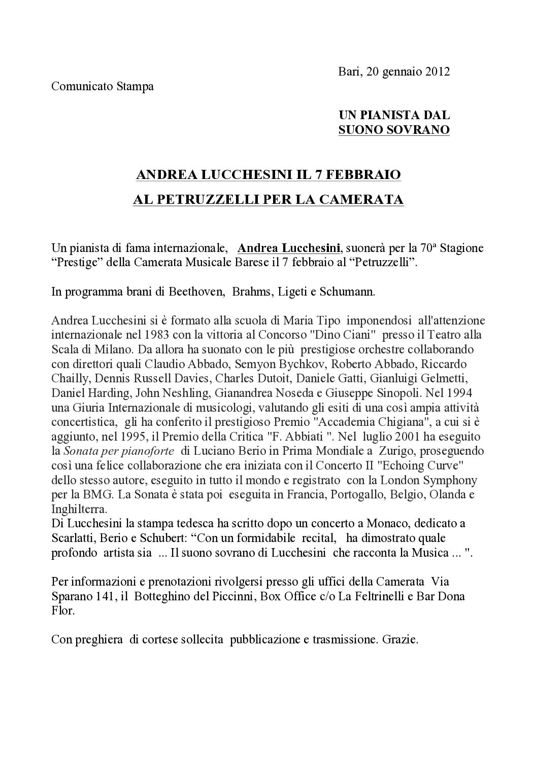 ANDREA LUCCHESINI IL 7 FEBBRAIO AL PETRUZZELLI PER LA CAMERATA