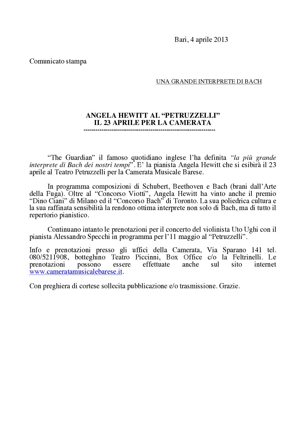 ANGELA HEWITT AL “PETRUZZELLI” IL 23 APRILE PER LA CAMERATA
