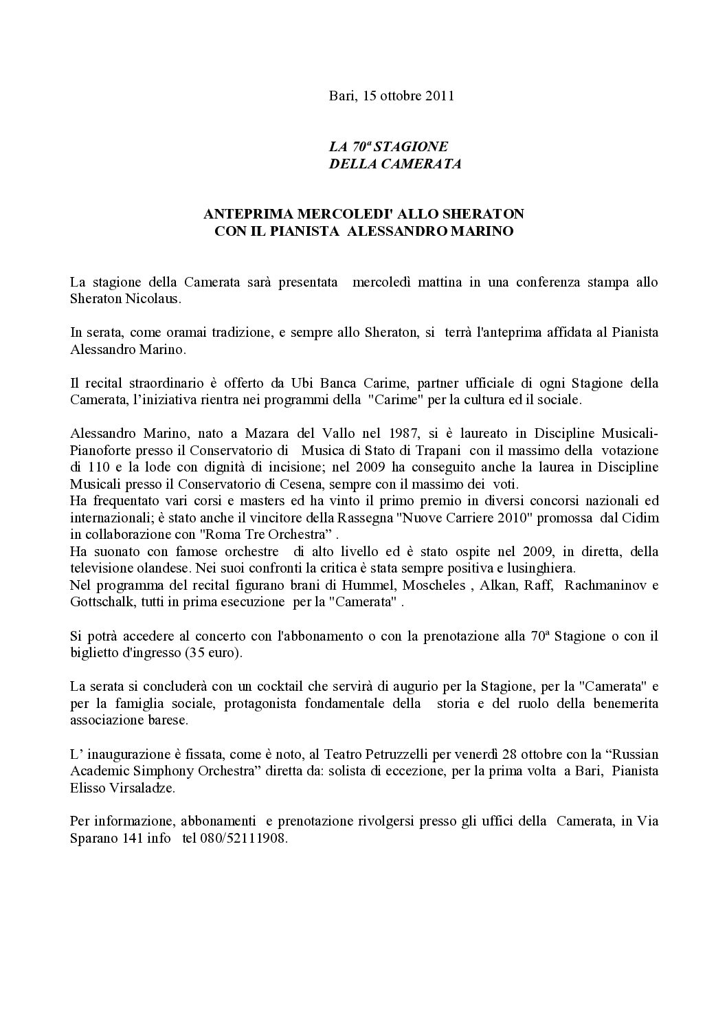 ANTEPRIMA MERCOLEDI' ALLO SHERATON CON IL PIANISTA ALESSANDRO MARINO