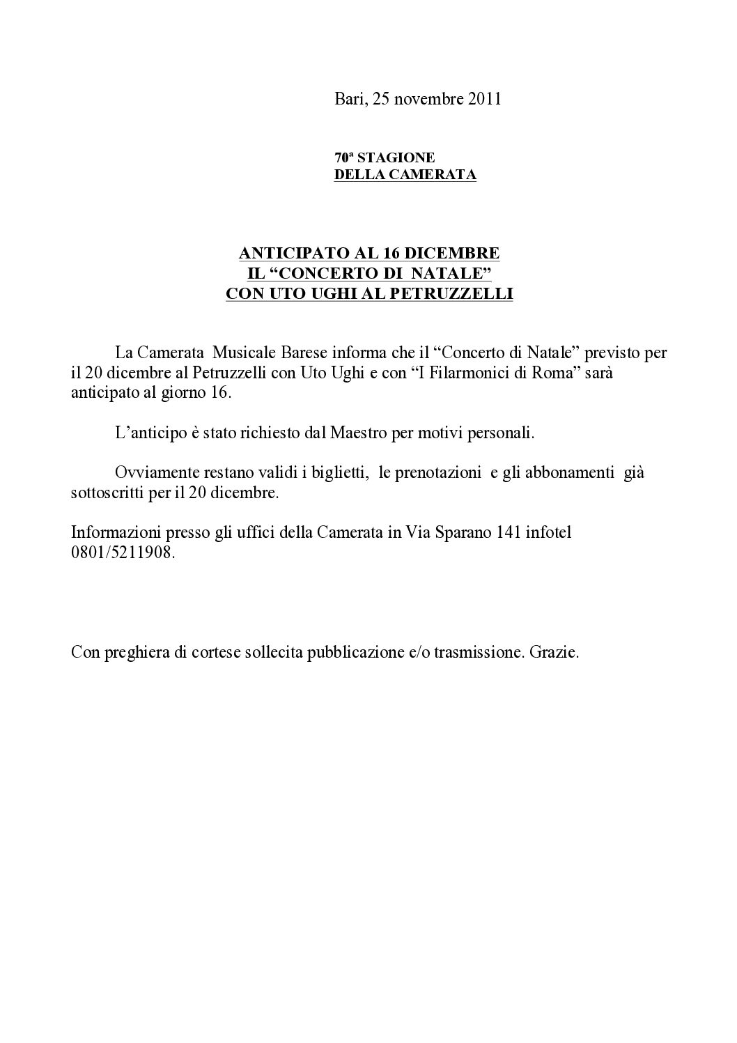 ANTICIPATO AL 16 DICEMBRE IL “CONCERTO DI NATALE” CON UTO UGHI AL PETRUZZELLI