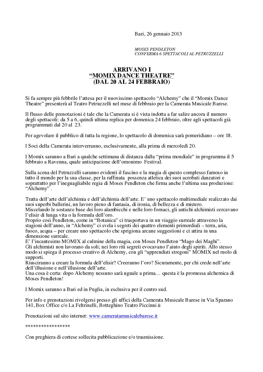 ARRIVANO I “MOMIX DANCE THEATRE” (DAL 20 AL 24 FEBBRAIO)