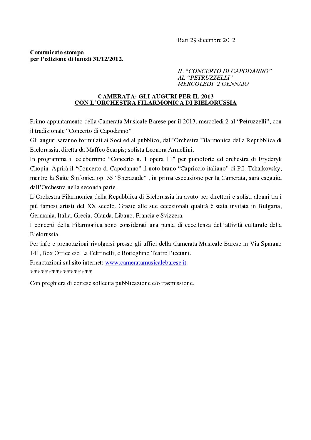 CAMERATA: GLI AUGURI PER IL 2013 CON L’ORCHESTRA FILARMONICA DI BIELORUSSIA