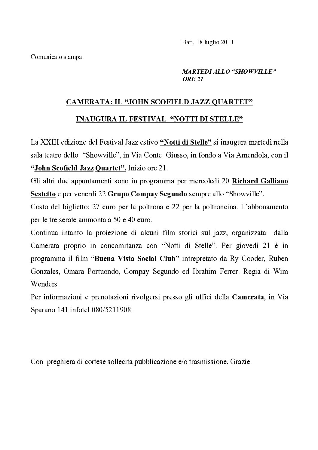 CAMERATA: IL “JOHN SCOFIELD JAZZ QUARTET” INAUGURA IL FESTIVAL “NOTTI DI STELLE”