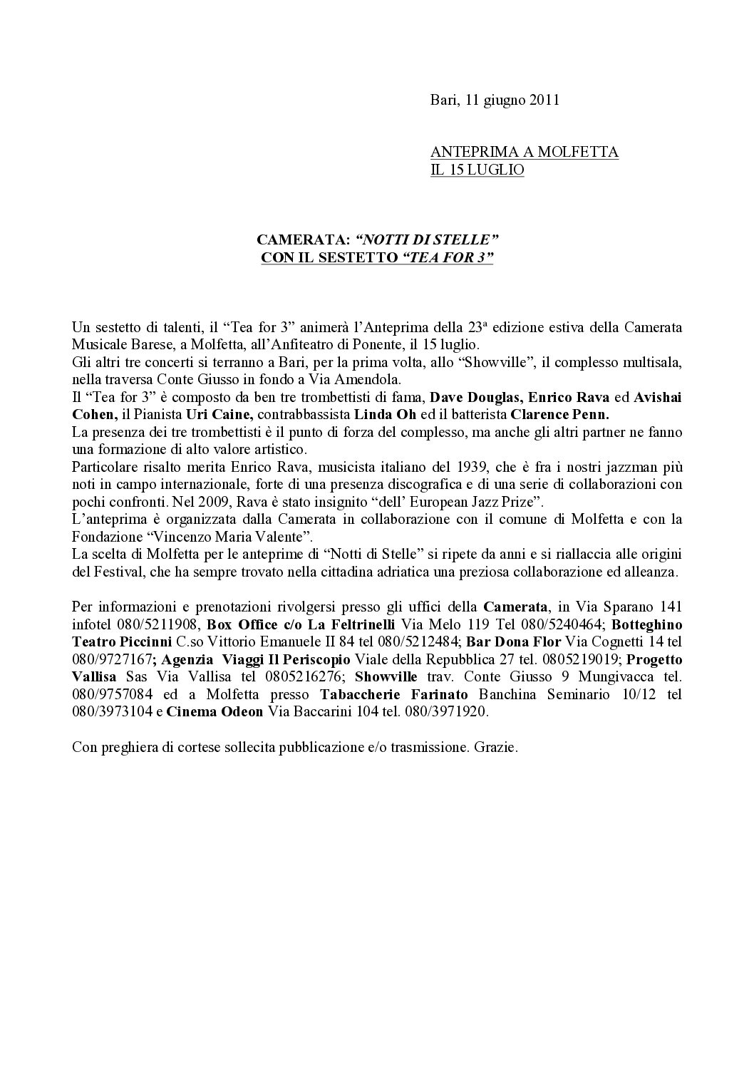 CAMERATA: “NOTTI DI STELLE” CON IL SESTETTO “TEA FOR 3”