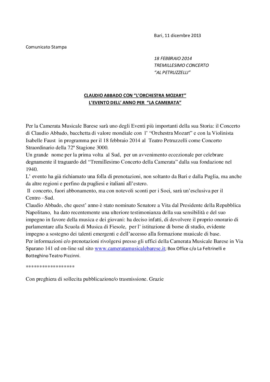 CLAUDIO ABBADO CON "L'ORCHESTRA MOZART" L'EVENTO DELL'ANNO PER "LA CAMERATA"
