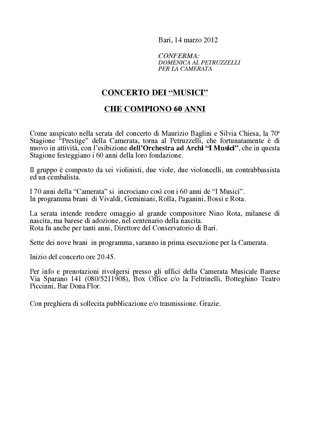 CONCERTO DEI “MUSICI” CHE COMPIONO 60 ANNI
