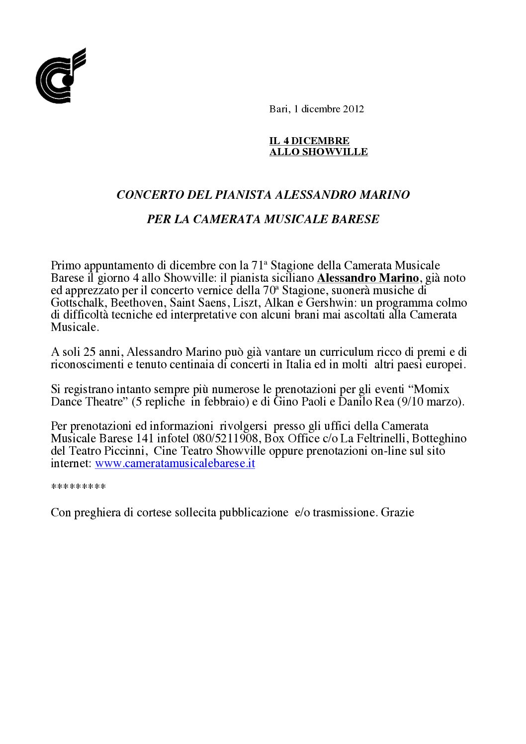 CONCERTO DEL PIANISTA ALESSANDRO MARINO PER LA CAMERATA MUSICALE BARESE