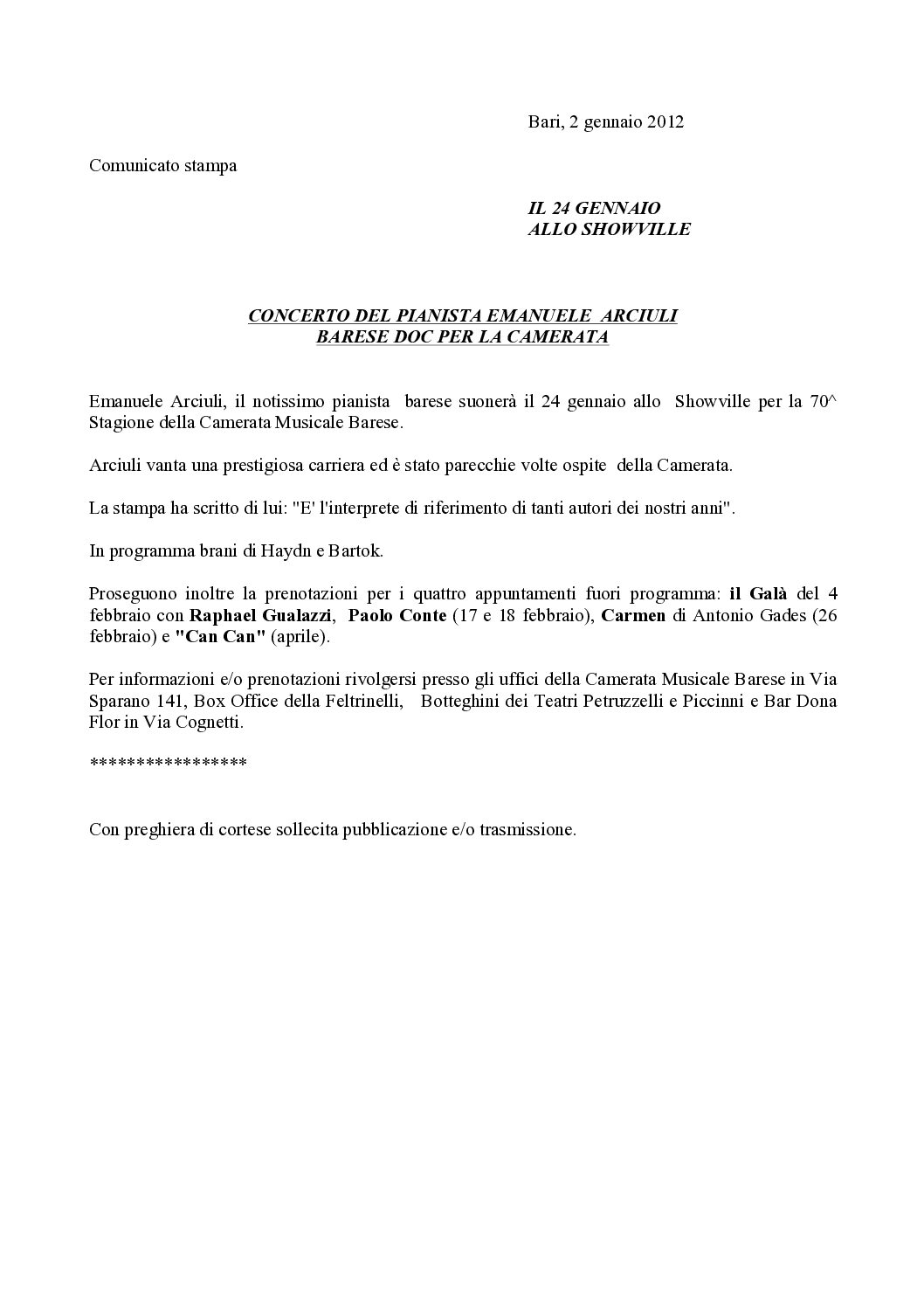 CONCERTO DEL PIANISTA EMANUELE ARCIULI BARESE DOC PER LA CAMERATA