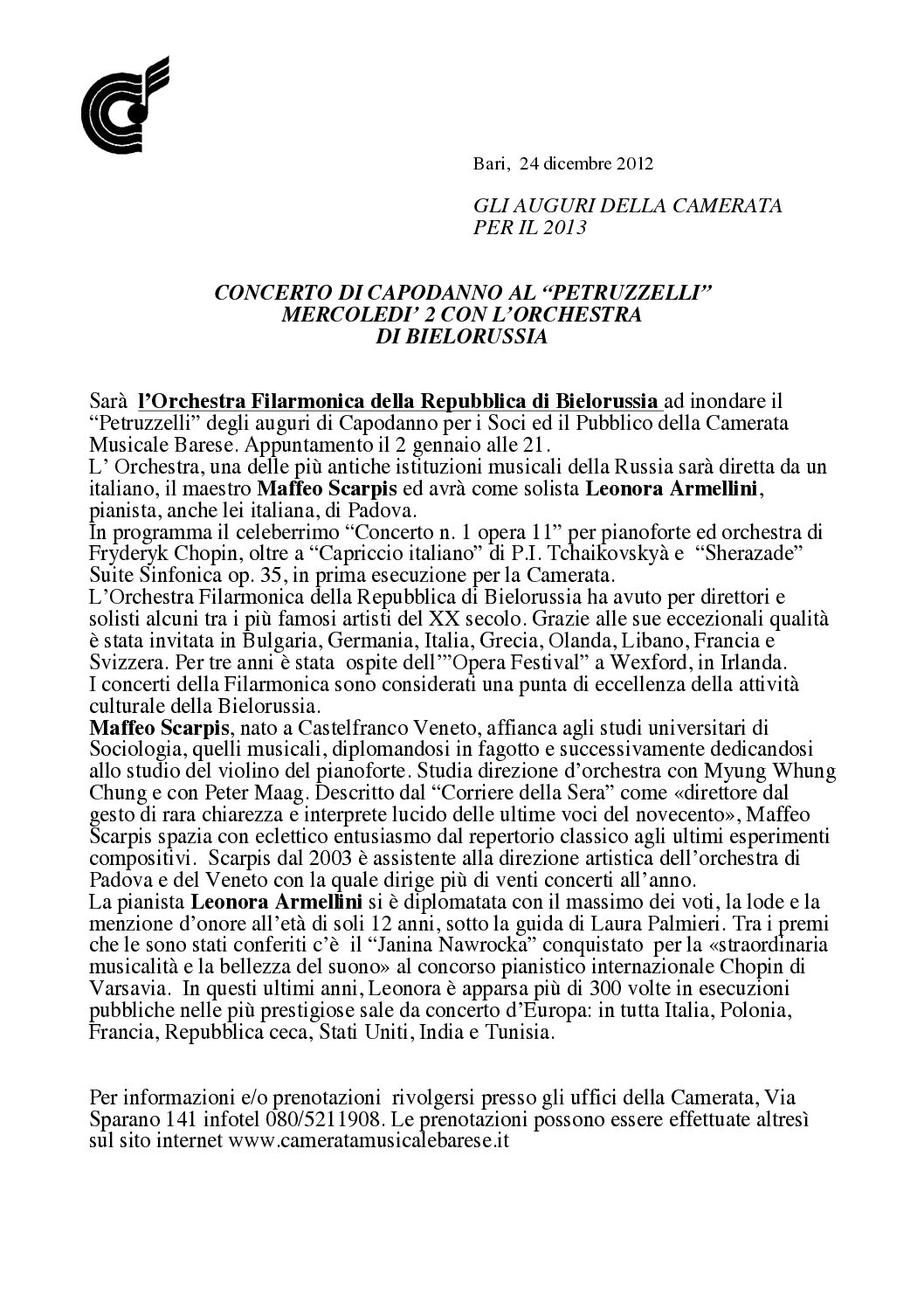 CONCERTO DI CAPODANNO AL “PETRUZZELLI” MERCOLEDI’ 2 CON L’ORCHESTRA DI BIELORUSSIA