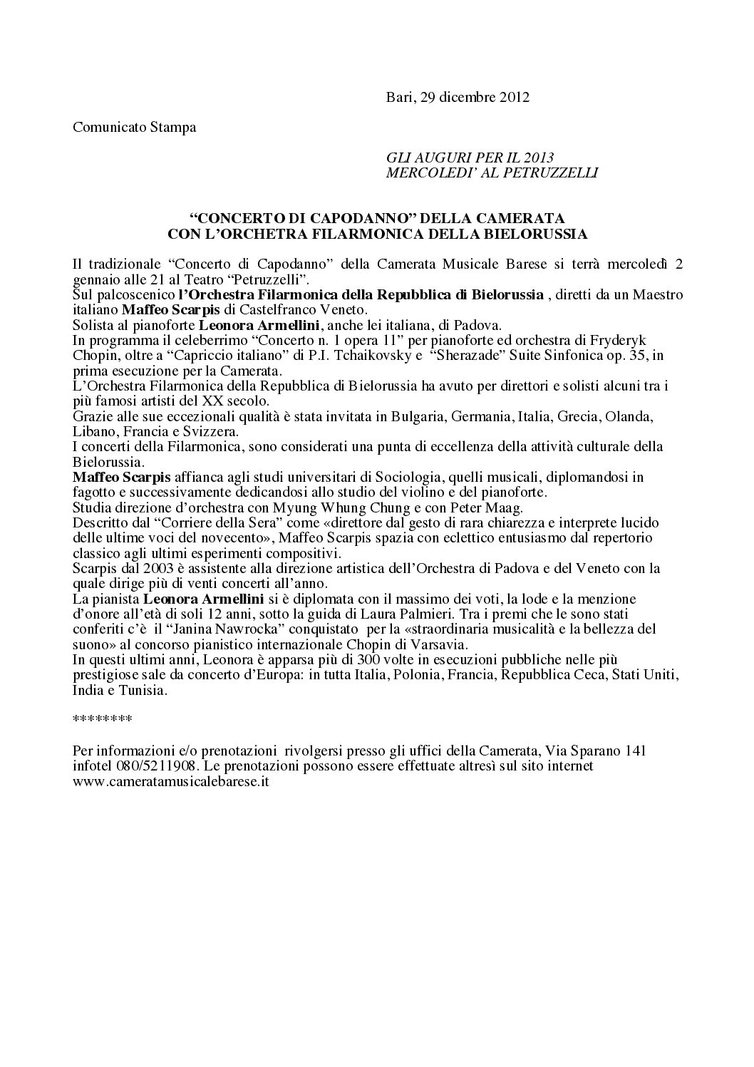 “CONCERTO DI CAPODANNO” DELLA CAMERATA CON L’ORCHESTRA FILARMONICA DELLA BIELORUSSIA