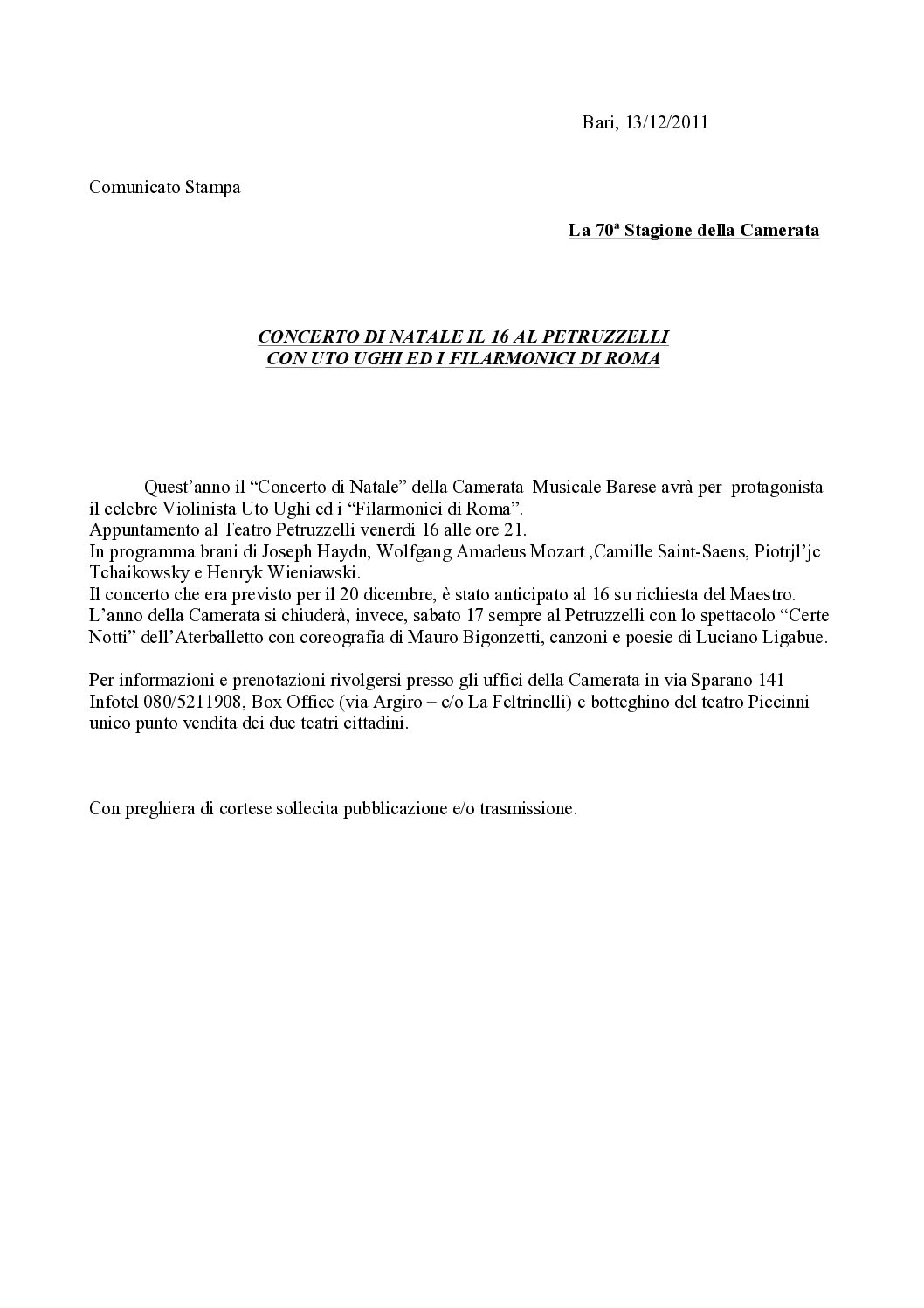 CONCERTO DI NATALE IL 16 AL PETRUZZELLI CON UTO UGHI ED I FILARMONICI DI ROMA