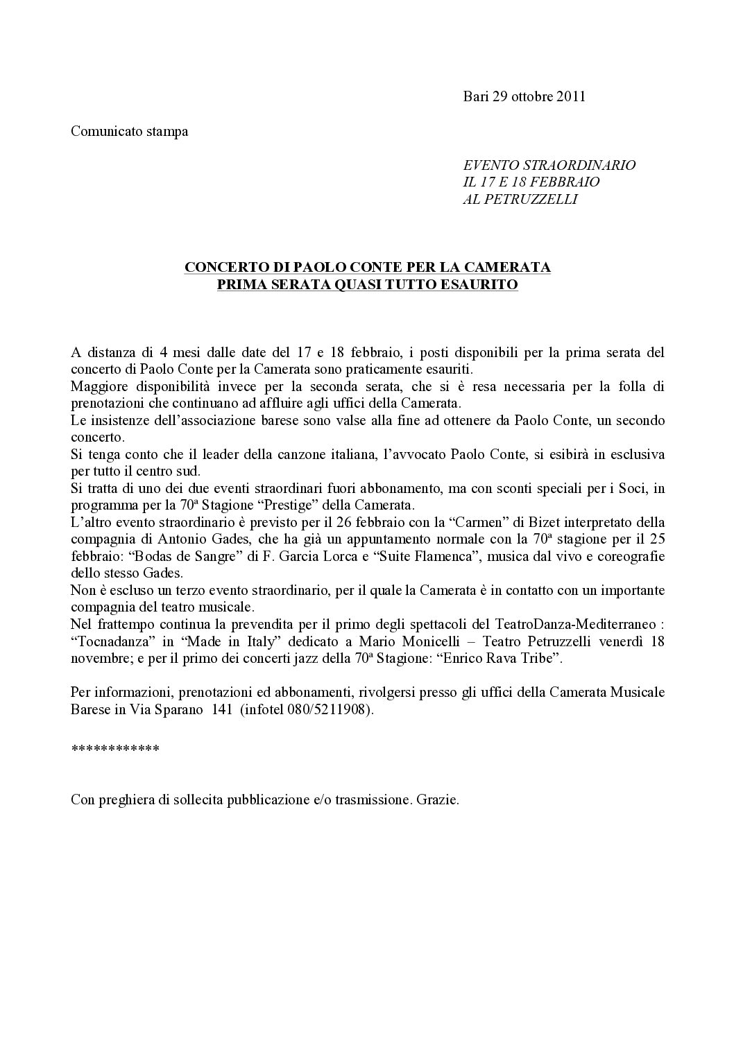 CONCERTO DI PAOLO CONTE PER LA CAMERATA PRIMA SERATA QUASI TUTTO ESAURITO