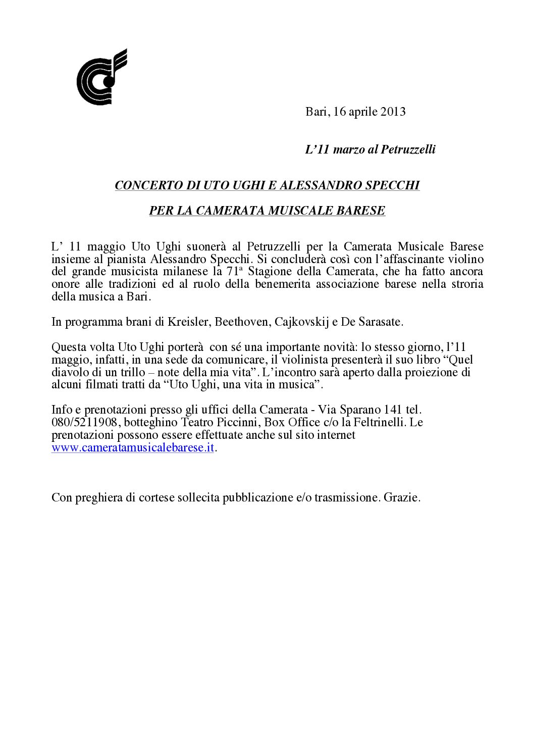CONCERTO DI UTO UGHI E ALESSANDRO SPECCHI PER LA CAMERATA MUSICALE BARESE