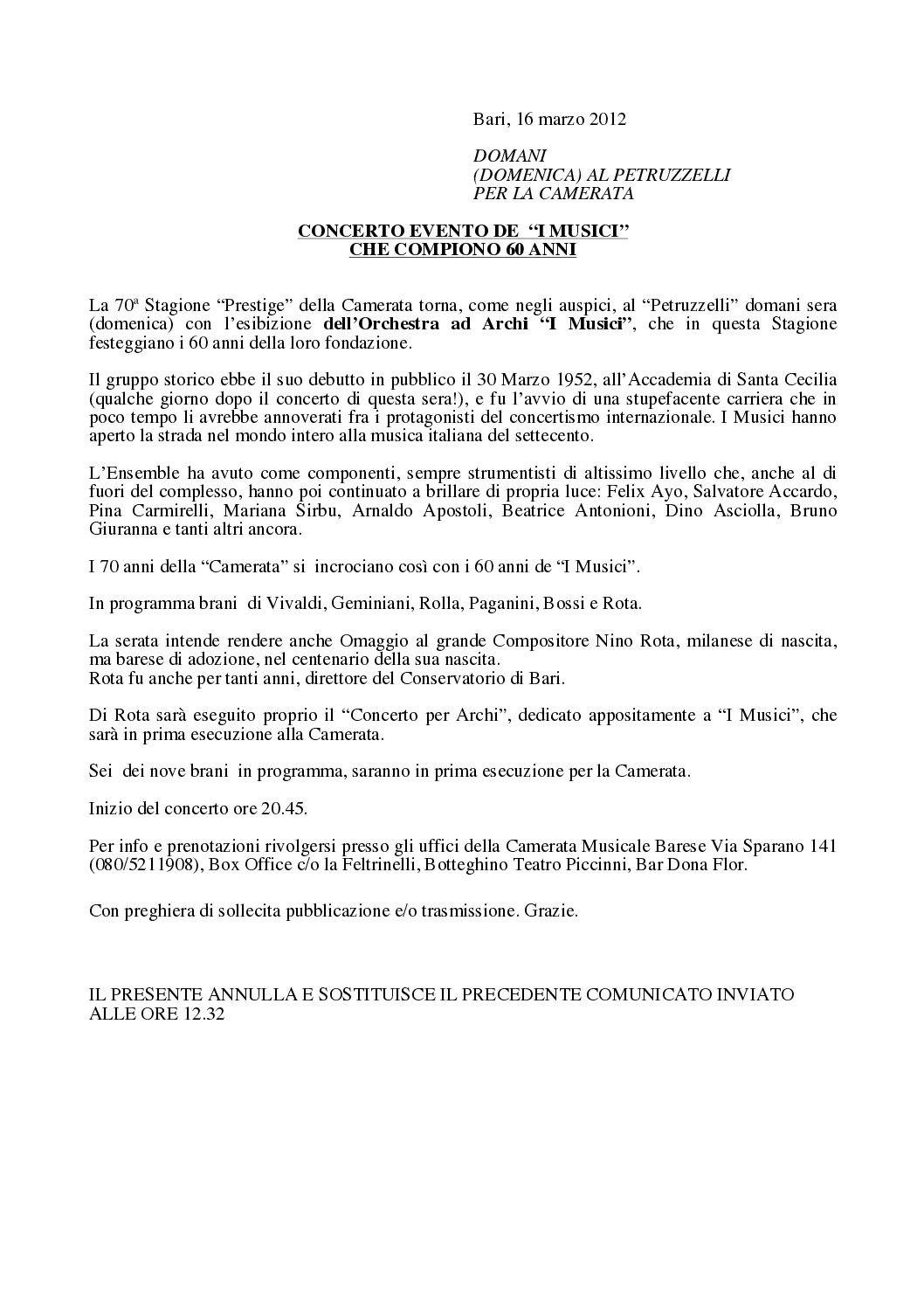 CONCERTO EVENTO DE “I MUSICI” CHE COMPIONO 60 ANNI