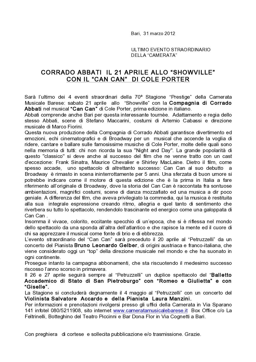CORRADO ABBATI IL 21 APRILE ALLO “SHOWVILLE” CON IL “CAN CAN” DI COLE PORTER