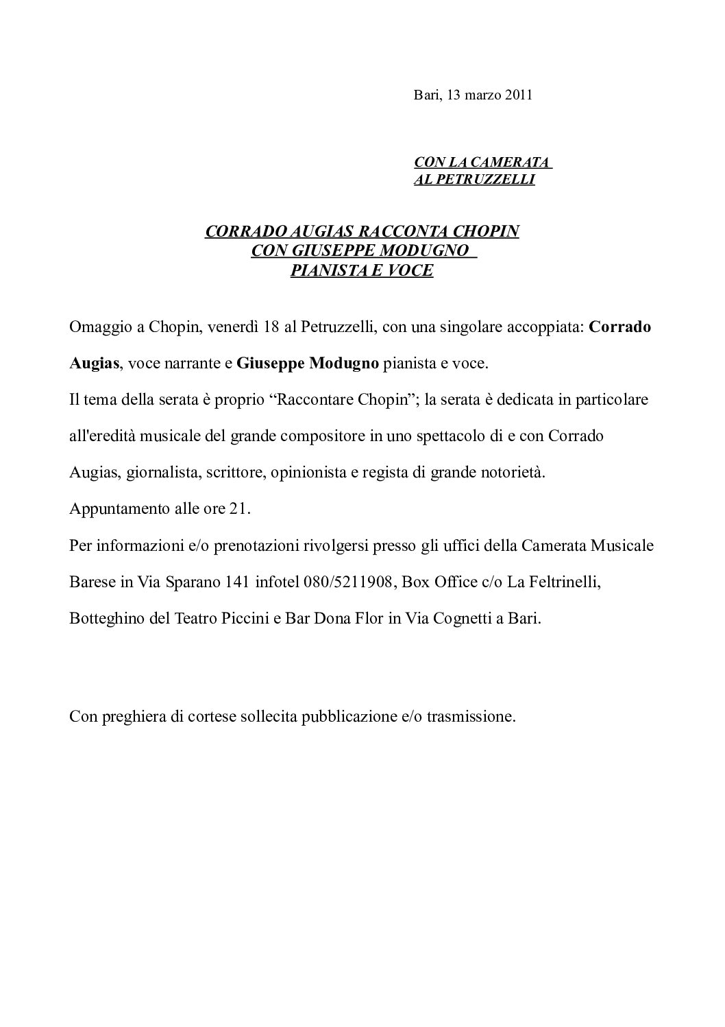CORRADO AUGIAS RACCONTA CHOPIN CON GIUSEPPE MODUGNO PIANISTA E VOCE