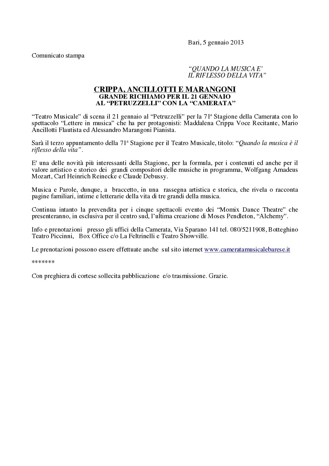 CRIPPA, ANCILLOTTI E MARANGONI GRANDE RICHIAMO PER IL 21 GENNAIO AL “PETRUZZELLI” CON LA “CAMERATA”