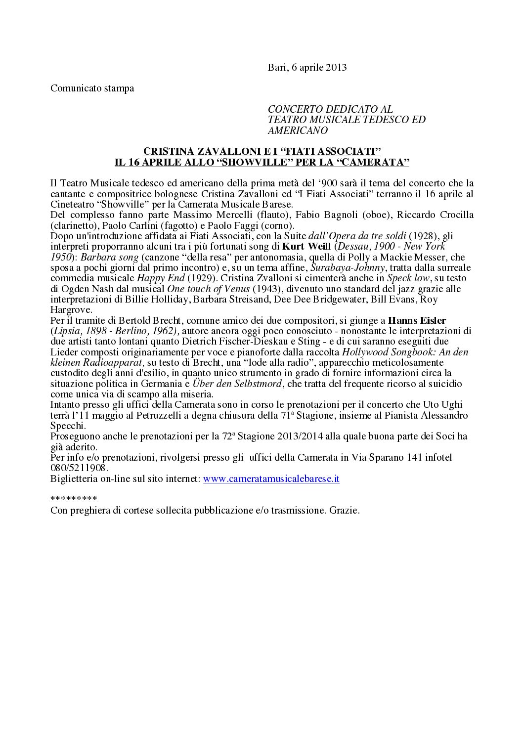 CRISTINA ZAVALLONI E I “FIATI ASSOCIATI” IL 16 APRILE ALLO “SHOWVILLE” PER LA “CAMERATA”