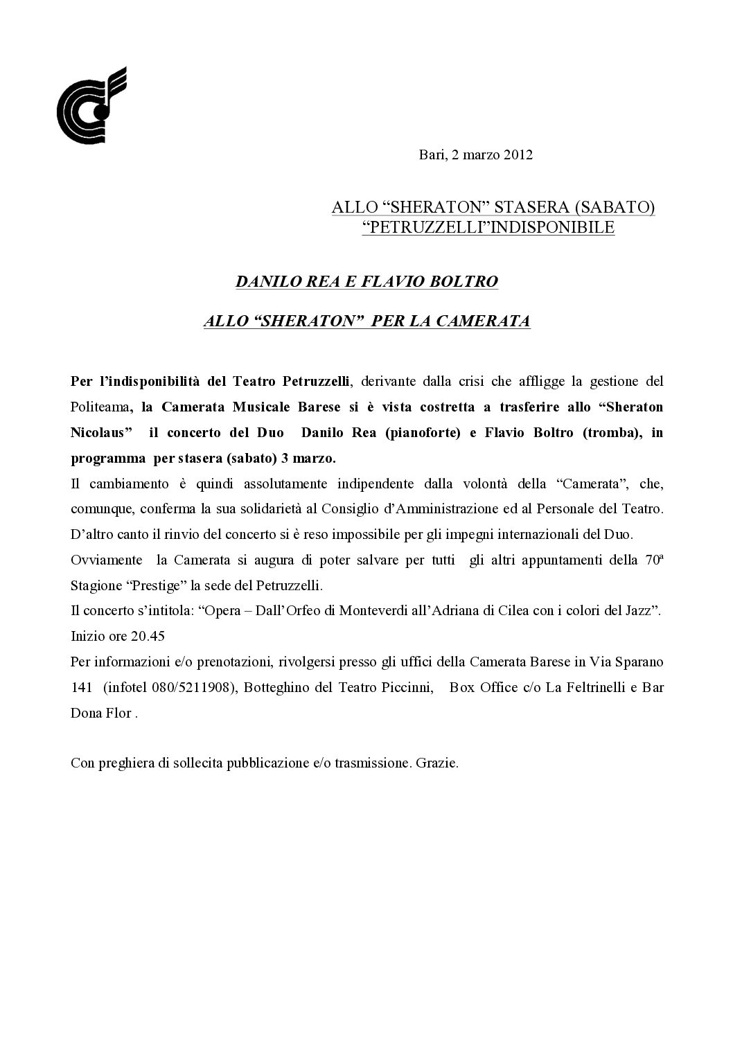 DANILO REA E FLAVIO BOLTRO ALLO “SHERATON” PER LA CAMERATA