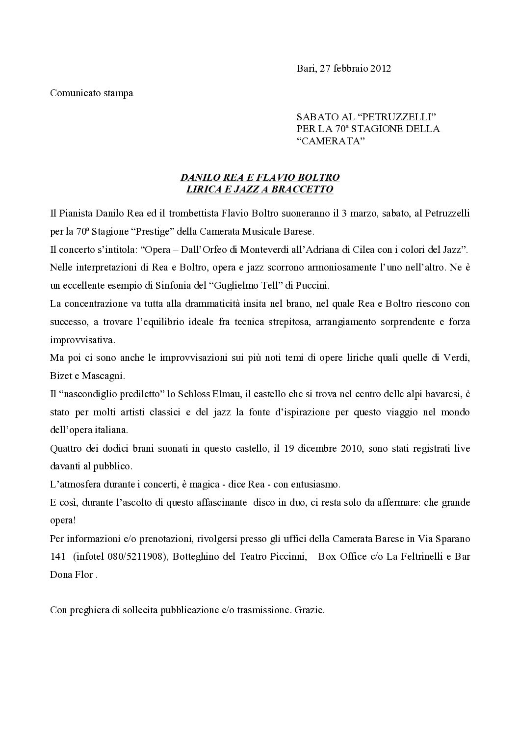 DANILO REA E FLAVIO BOLTRO LIRICA E JAZZ A BRACCETTO