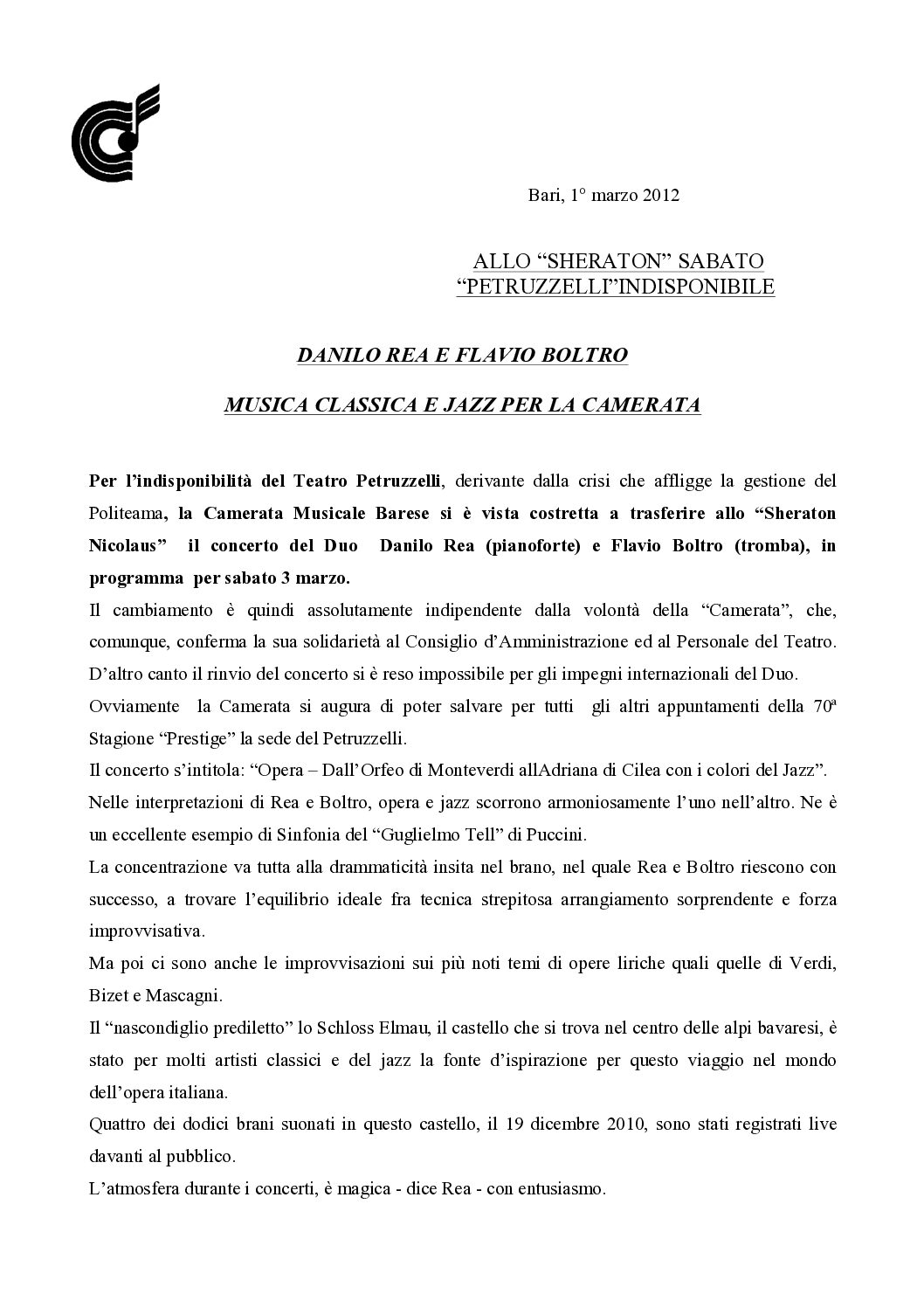 DANILO REA E FLAVIO BOLTRO MUSICA CLASSICA E JAZZ PER LA CAMERATA