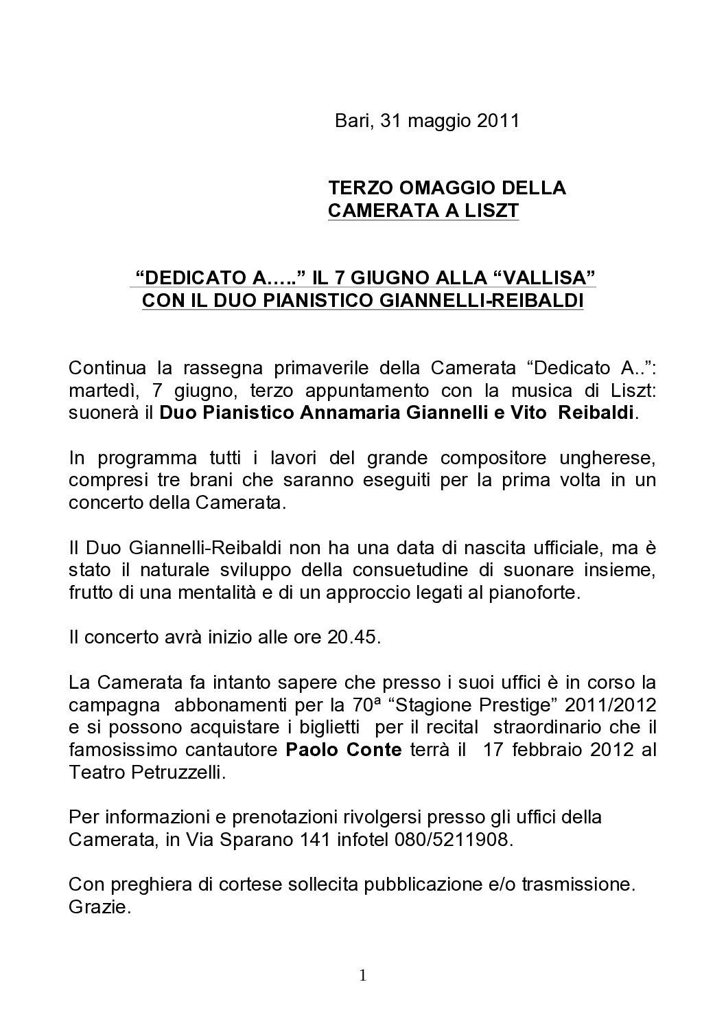 “DEDICATO A…” IL 7 GIUGNO ALLA “VALLISA” CON IL DUO PIANISTICO GIANNELLI-REIBALDI