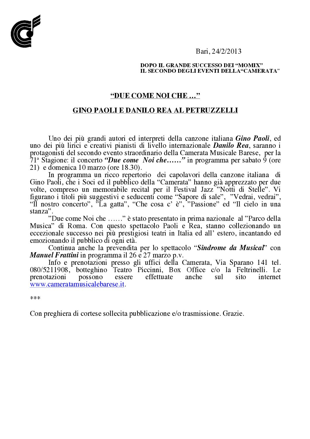 “DUE COME NOI CHE…” GINO PAOLI E DANILO REA AL PETRUZZELLI