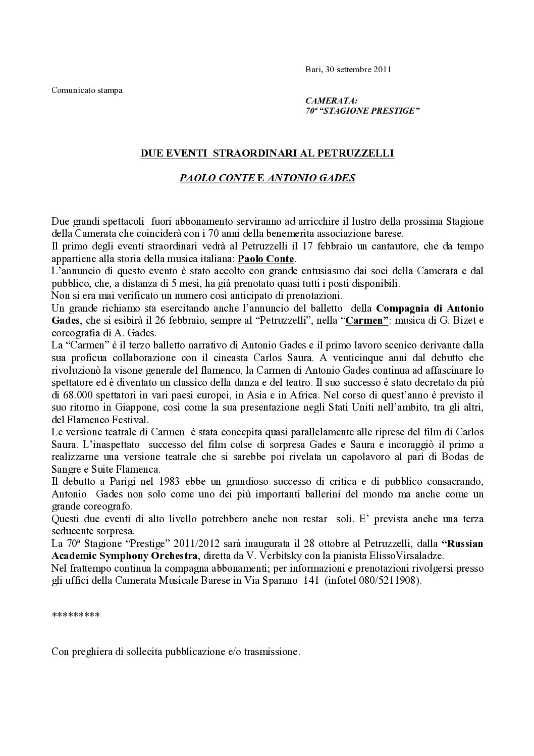 DUE EVENTI STRAORDINARI AL PETRUZZELLI PAOLO CONTE E ANTONIO GADES