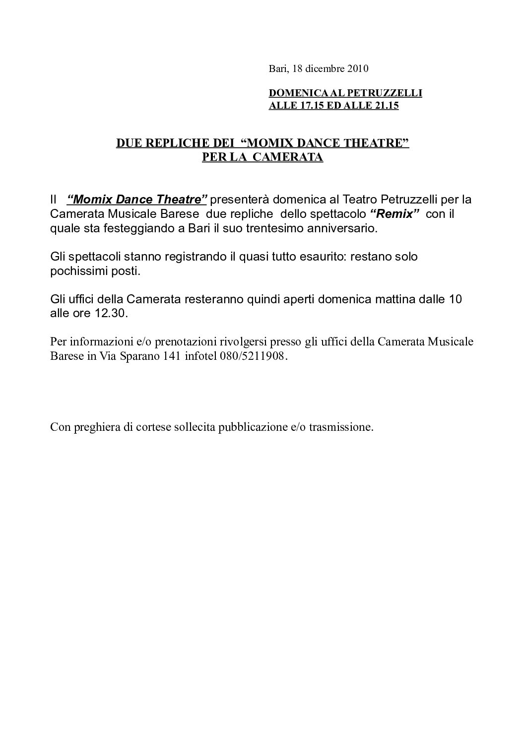 DUE REPLICHE DEI “MOMIX DANCE THEATRE” PER LA CAMERATA