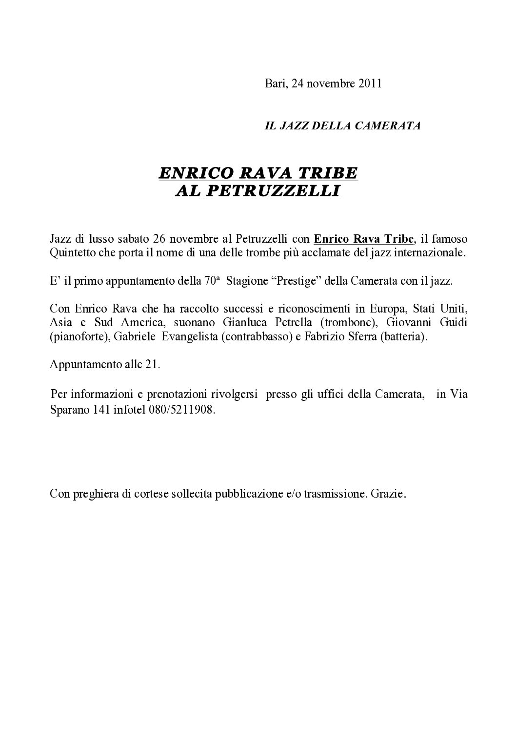 ENRICO RAVA TRIBE AL PETRUZZELLI