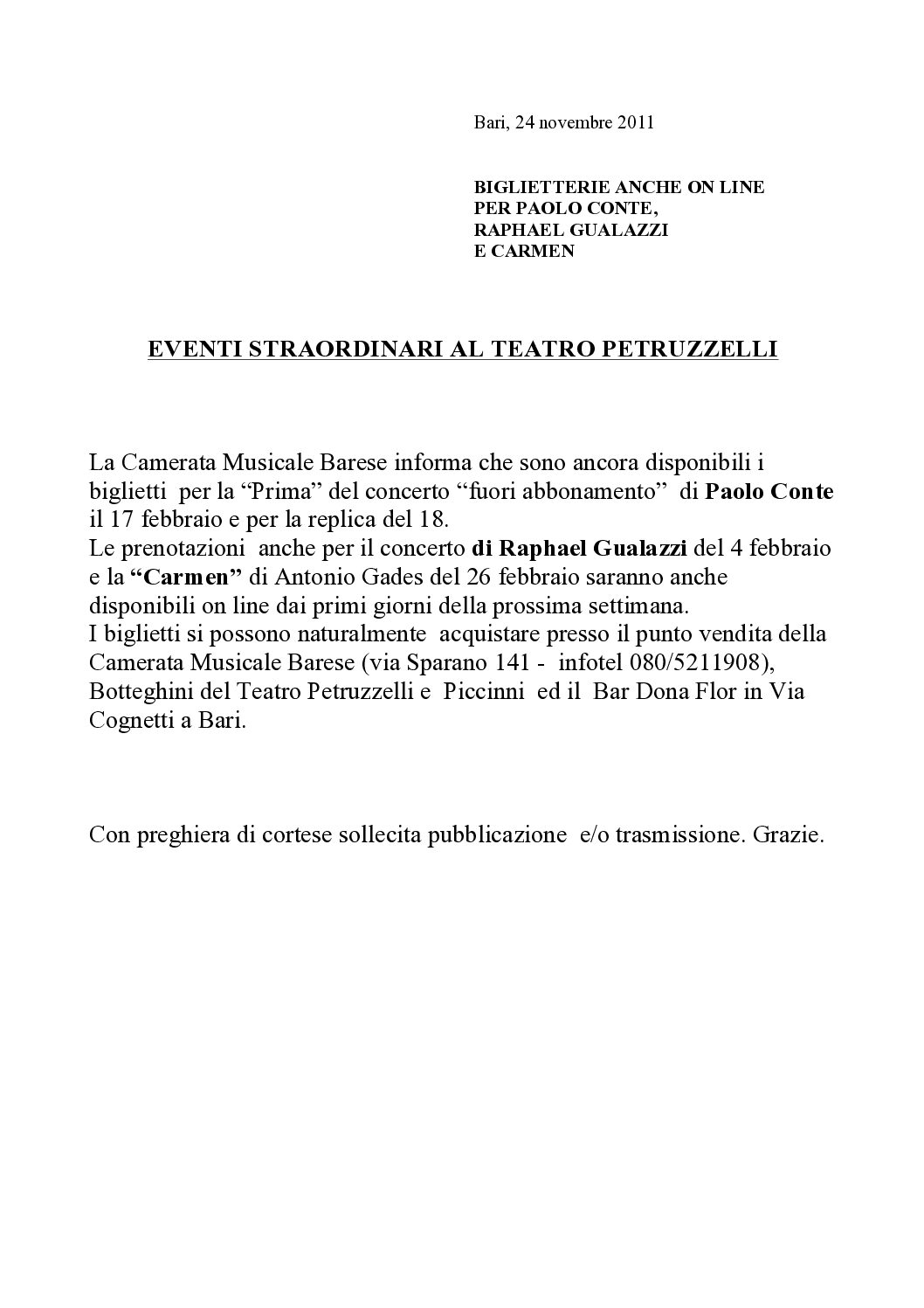 EVENTI STRAORDINARI AL TEATRO PETRUZZELLI