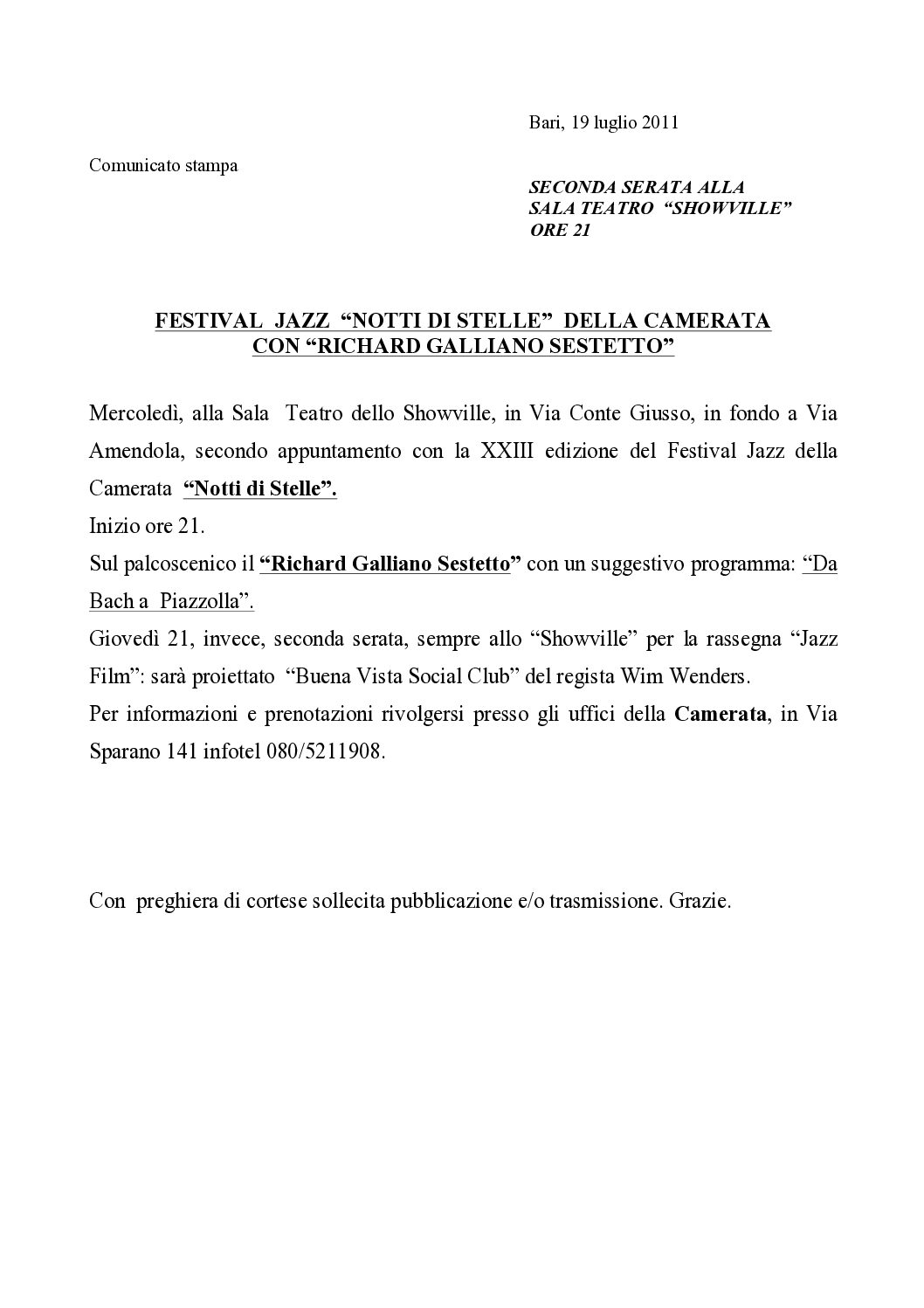 FESTIVAL JAZZ “NOTTI DI STELLE” DELLA CAMERATA CON “RICHARD GALLIANO SESTETTO”