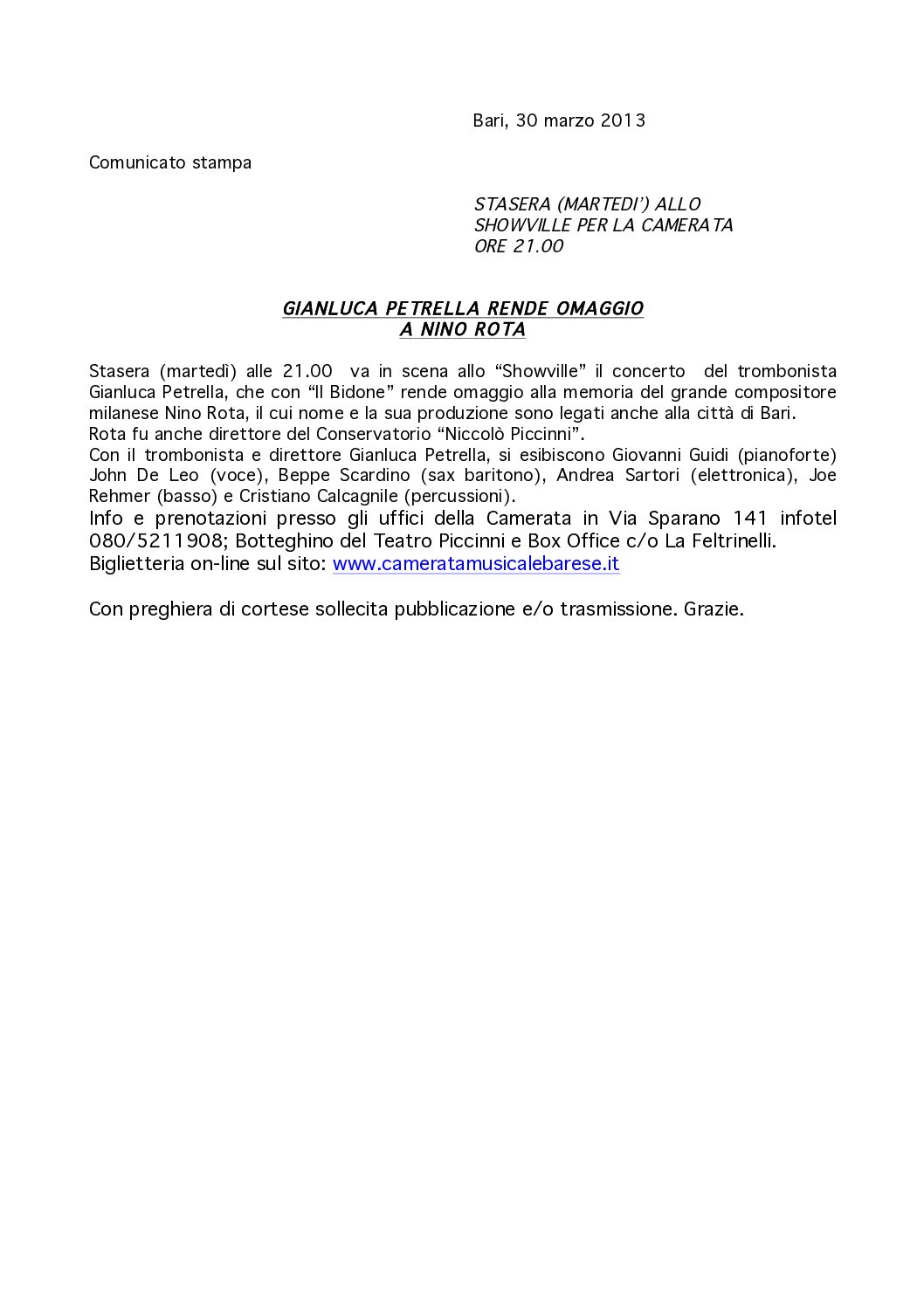 GIANLUCA PETRELLA RENDE OMAGGIO A NINO ROTA