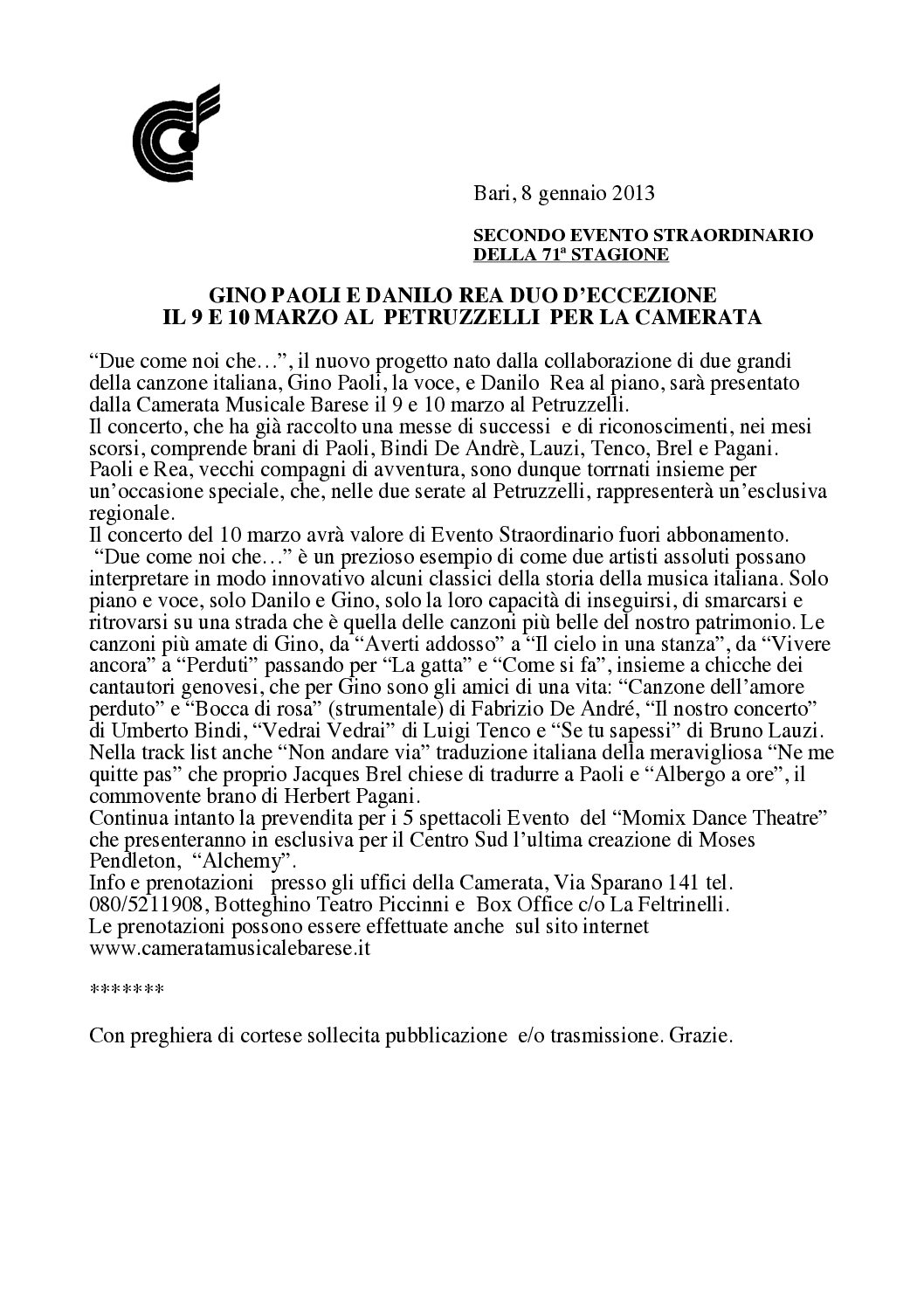 GINO PAOLI E DANILO REA DUO D’ECCEZIONE IL 9 E 10 MARZO AL PETRUZZELLI PER LA CAMERATA