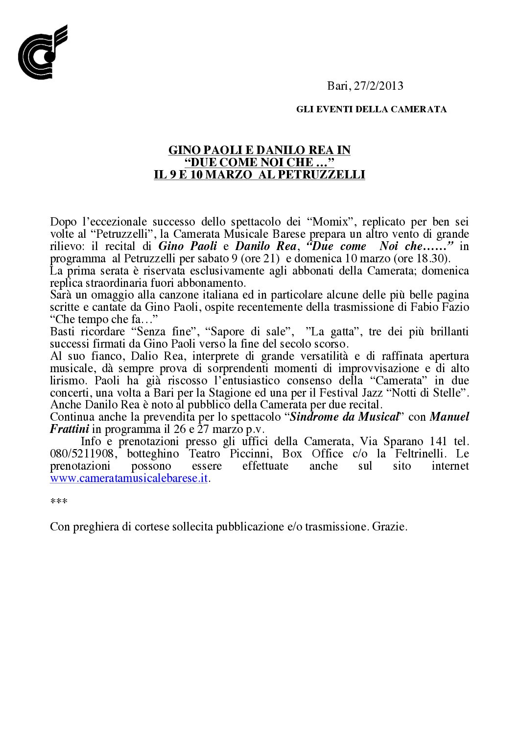 GINO PAOLI E DANILO REA IN “DUE COME NOI CHE …” IL 9 E 10 MARZO AL PETRUZZELLI
