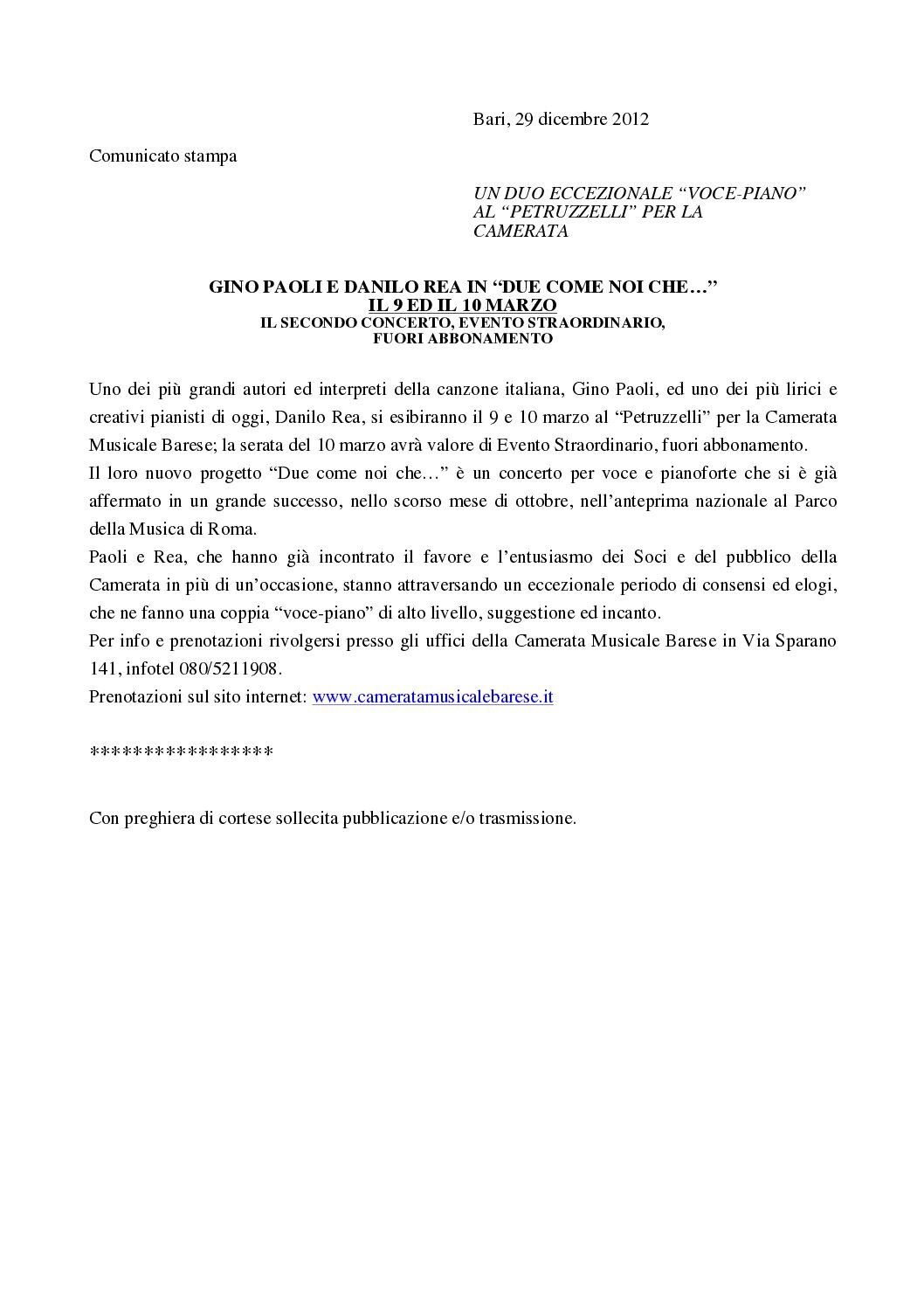 GINO PAOLI E DANILO REA IN “DUE COME NOI CHE…” IL 9 ED IL 10 MARZO IL SECONDO CONCERTO, EVENTO STRAORDINARIO, FUORI ABBONAMENTO