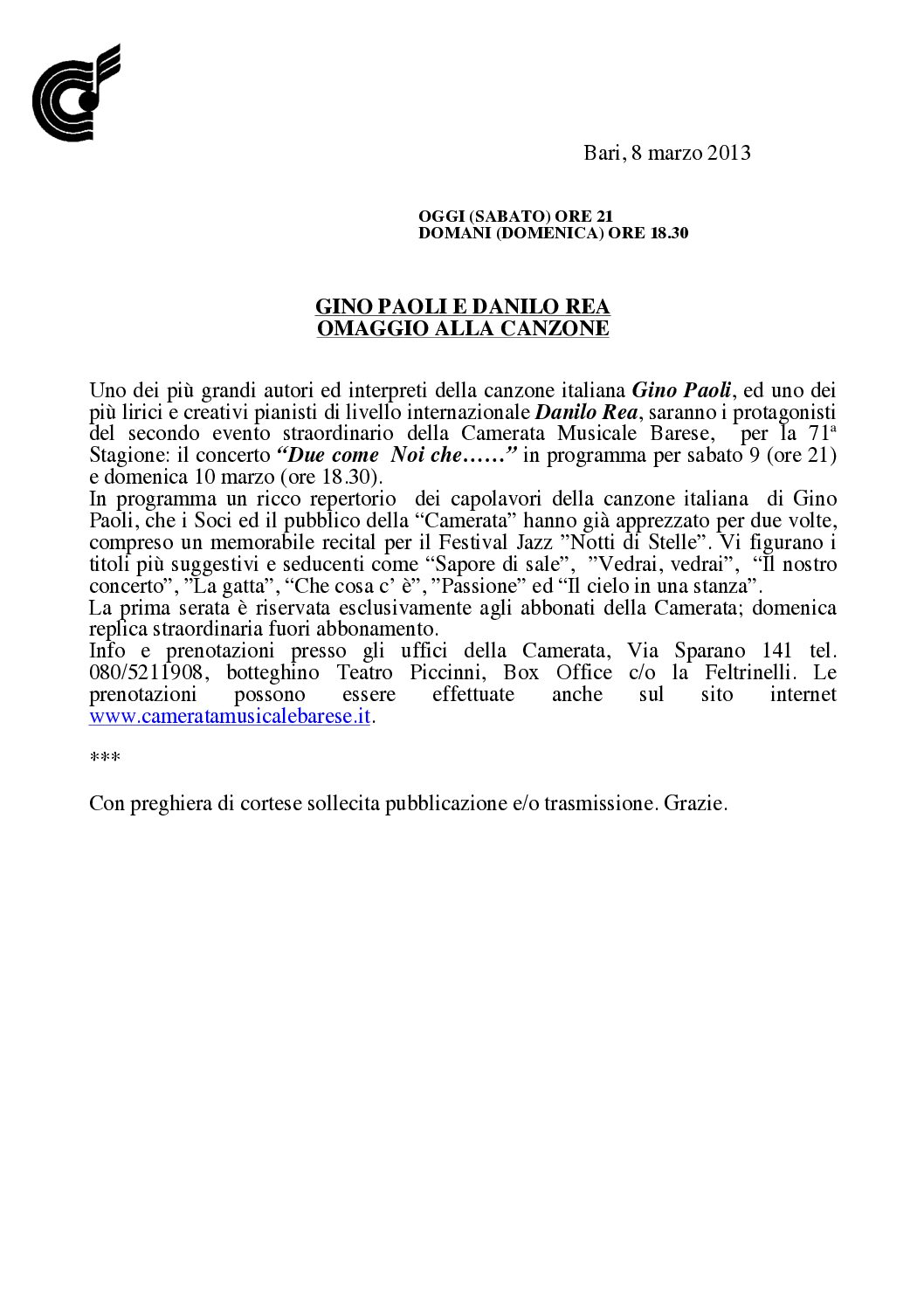 GINO PAOLI E DANILO REA OMAGGIO ALLA CANZONE