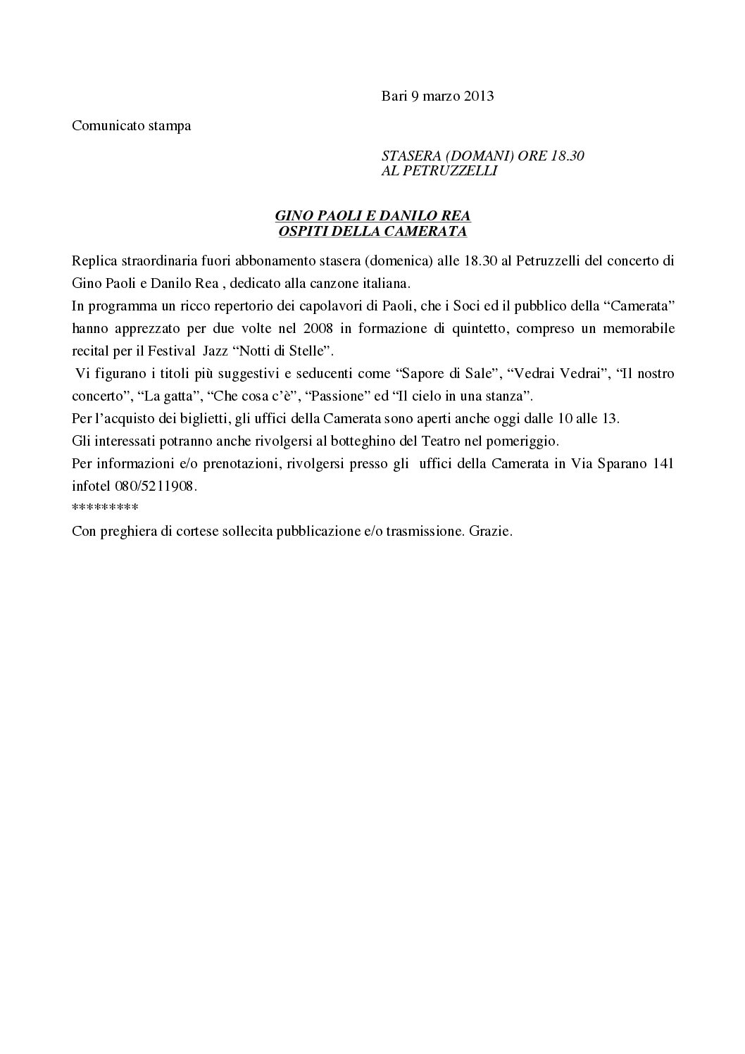 GINO PAOLI E DANILO REA OSPITI DELLA CAMERATA