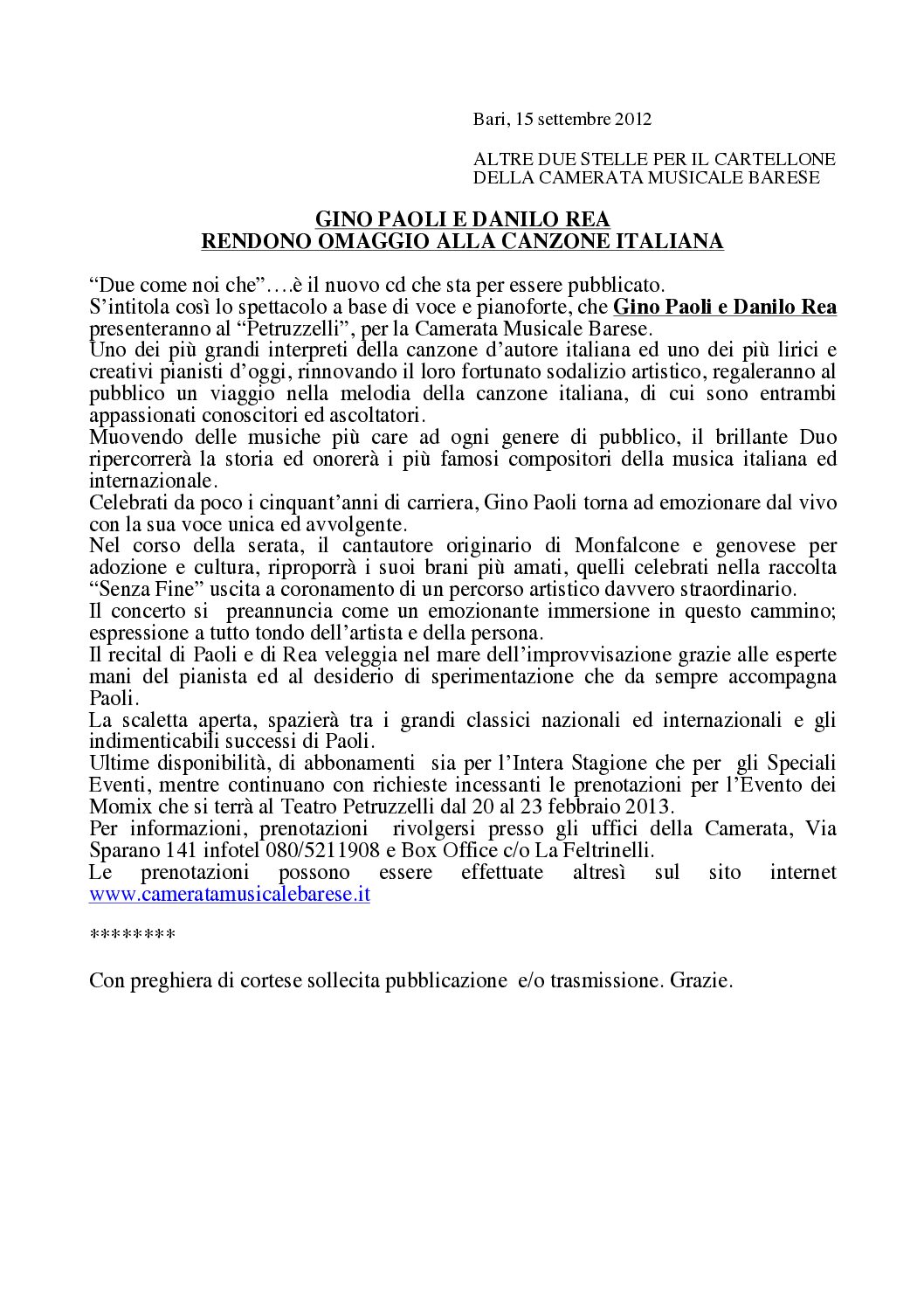GINO PAOLI E DANILO REA RENDONO OMAGGIO ALLA CANZONE ITALIANA