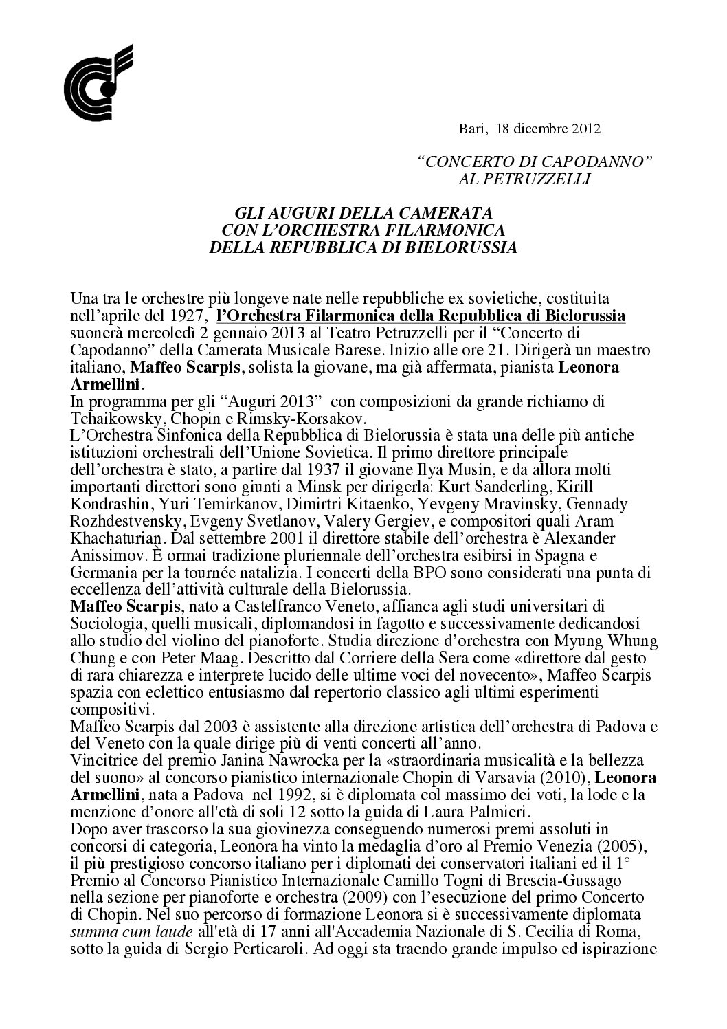 GLI AUGURI DELLA CAMERATA CON L’ORCHESTRA FILARMONICA DELLA REPUBBLICA DI BIELORUSSIA