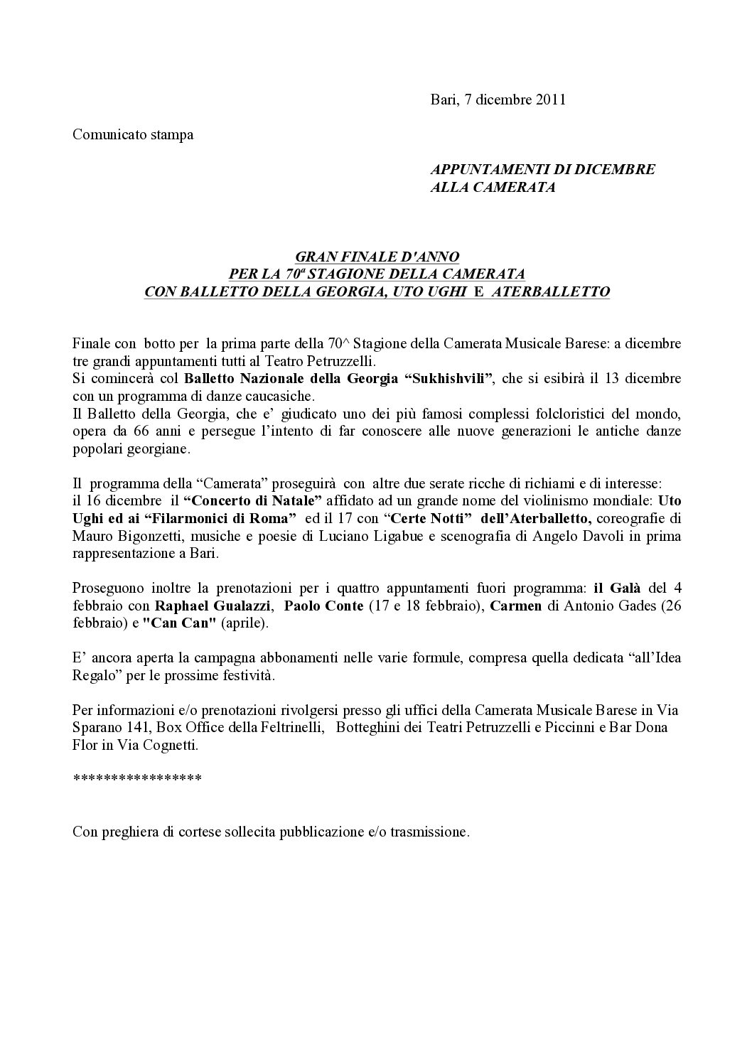GRAN FINALE D'ANNO PER LA 70ª STAGIONE DELLA CAMERATA CON BALLETTO DELLA GEORGIA, UTO UGHI E ATERBALLETTO